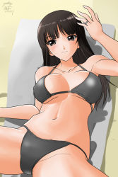 Rule 34 | 10s, 1girl, beach, bikini, black bikini, black hair, blush, breasts, brown eyes, collarbone, girls und panzer, jewelry, large breasts, looking at viewer, matsui yasutsugu, navel, nishizumi shiho, ring, solo, spread legs, swimsuit