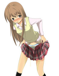 Rule 34 | 1girl, black socks, blush, brown eyes, brown hair, clothes pull, full-face blush, highres, md5 mismatch, mukuroi, original, panties, parted lips, pee, peeing, peeing self, plaid, plaid skirt, red skirt, school uniform, simple background, skirt, skirt pull, socks, solo, stained clothes, stained panties, striped clothes, striped panties, sweater vest, tears, underwear, undressing, wavy mouth, wet, wet clothes, wet panties, white background