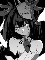 Rule 34 | 1girl, absurdres, bare shoulders, bow, closed mouth, collarbone, dress, flower-shaped pupils, fox mask, gloves, greyscale, hair between eyes, hair bow, head tilt, highres, honkai: star rail, honkai (series), index finger raised, long hair, looking at viewer, mask, mask on head, monochrome, portrait, sidelocks, smile, solo, sparkle (honkai: star rail), strapless, strapless dress, symbol-shaped pupils, tsukamoto minori, twintails