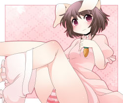 Rule 34 | 1girl, animal ears, bloomers, bloomers around one leg, brown hair, carrot, carrot necklace, commentary request, dress, hammer (sunset beach), inaba tewi, jewelry, necklace, panties, pink dress, pink eyes, rabbit ears, short hair, solo, striped clothes, striped panties, touhou, underwear