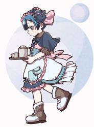 Rule 34 | 1boy, absurdres, apron, blue eyes, blue hair, boots, capelet, commentary request, cup, dress, from side, hairband, highres, holding, looking down, made in abyss, maid, male focus, maruruk, pouch, puffy short sleeves, puffy sleeves, short sleeves, solo, standing, standing on one leg, trap, tray, usuki (usukine1go), walking