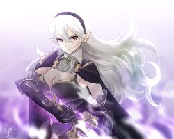 Rule 34 | 1girl, armor, armored leotard, armpits, black armor, black cape, black hairband, black leotard, breasts, cape, cleavage, corrin (female) (fire emblem), corrin (female) (nohr noble) (fire emblem), corrin (fire emblem), eyelashes, female focus, fire emblem, fire emblem fates, gauntlets, hair between eyes, hair ornament, hairband, intelligent systems, large breasts, leotard, long hair, momen (6p6), neck, neckerchief, nintendo, official alternate costume, pointy ears, red eyes, revealing clothes, serious, shoulder armor, sidelocks, sleeveless, sleeveless leotard, solo, sword, wavy hair, weapon, white hair, yato (fire emblem)