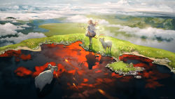 Rule 34 | 1girl, animal, arknights, artist name, brown hair, cape, cloud, dated, day, dress, eyjafjalla (arknights), floating hair, grass, han yijie, highres, holding, holding staff, horns, long hair, long sleeves, looking at animal, looking back, mountain, open mouth, pond, reflection, reflective water, sheep, sheep horns, solo, staff, standing, water, white cape, white dress, wide shot