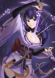 Rule 34 | 1girl, absurdres, armor, barach, black thighhighs, braid, breasts, bridal gauntlets, cleavage, commentary, electricity, english commentary, floral print, flower, genshin impact, hair ornament, highres, holding, holding sword, holding weapon, human scabbard, japanese clothes, kimono, large breasts, long hair, long sleeves, looking at viewer, mitsudomoe (shape), mole, mole under eye, nail polish, obi, obiage, obijime, parted lips, purple background, purple eyes, purple flower, purple hair, purple nails, raiden shogun, ribbon, sash, shoulder armor, simple background, solo, sword, tassel, thighhighs, tomoe (symbol), weapon, wide sleeves
