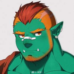 Rule 34 | 1boy, adam&#039;s apple, bandaid, bandaid on face, bandaid on nose, bara, beard stubble, colored skin, facial hair, green skin, looking at viewer, male focus, mature male, mohawk, monster boy, multicolored hair, muscular, muscular male, orange hair, orc, original, pointy ears, portrait, red hair, scar on head, shiba ichi, short hair, solo, stubble, thick eyebrows, tusks, two-tone hair