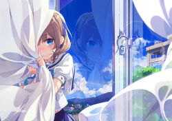 Rule 34 | 1girl, blue eyes, blue neckerchief, blue skirt, blue sky, blush, brown hair, closed mouth, comic, commentary request, curtain grab, curtains, day, highres, index finger raised, indoors, looking at viewer, mountainous horizon, neckerchief, ogipote, original, reflection, revision, sailor collar, school uniform, serafuku, shirt, short hair, short sleeves, short twintails, skirt, sky, smile, solo, tareme, town, twintails, upper body, white sailor collar, white shirt, window