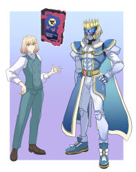 Rule 34 | 1boy, absurdres, belt, blue background, blunt bangs, bob cut, bow, buttons, double-breasted, fate/grand order, fate (series), gradient background, hand on own hip, highres, kamen rider, kamen rider saber (series), light brown hair, loafers, male focus, nana73, oberon (fate), parody, shoes, short hair, simple background, smile, tokusatsu, white bow, wonder ride book