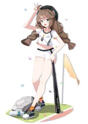 1girl absurdres ahoge alternate_costume arknights braid brown_hair cuora_(arknights) flag full_body green_eyes green_hair hair_between_eyes hat highres jacket long_hair multicolored_hair navel open_mouth shirt shorts smile streaked_hair v ziyu_zi_kong_fang