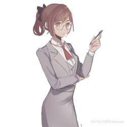 Rule 34 | 1girl, absurdres, black bow, bow, brown hair, brown jacket, brown skirt, collared shirt, glasses, green eyes, hair bow, highres, holding, holding pen, jacket, necktie, parted lips, pen, red necktie, reinaaa, rosa (tears of themis), shirt, simple background, sketch, skirt, solo, tears of themis, white background, white shirt