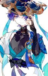 Rule 34 | 1boy, armor, blue eyes, blue hair, blue hat, closed mouth, ezu (e104mjd), genshin impact, hat, japanese armor, japanese clothes, jewelry, jingasa, looking at viewer, male focus, one eye covered, pom pom (clothes), ring, scaramouche (genshin impact), short hair, simple background, smile, solo, upper body, wanderer (genshin impact), white background