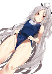 Rule 34 | 1girl, ahoge, blue archive, blue one-piece swimsuit, blush, breasts, clothes lift, covered erect nipples, dutch angle, feet out of frame, frontal wedgie, gluteal fold, grey hair, grin, groin, hina (blue archive), hina (swimsuit) (blue archive), horns, long hair, looking at viewer, one-piece swimsuit, osanpo02, purple eyes, school swimsuit, simple background, small breasts, smile, solo, sweater, swimsuit, swimsuit lift, teeth, thighs, very long hair, wedgie, wet, white background