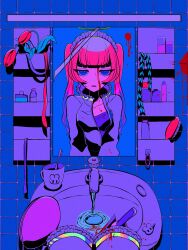 Rule 34 | 1girl, absurdres, bathroom, bleeding, bleeding from forehead, blood, blood on face, blood splatter, bloody weapon, blue eyes, breasts, commentary, cup, expressionless, faucet, flower, frilled hairband, frilled sleeves, frills, hair brush, hairband, halo, highres, holding, holding knife, ichiki (1 09), indoors, knife, long hair, long sleeves, looking at mirror, looking at viewer, medium breasts, mirror, mug, original, pink hair, plant, pov, red flower, reflection, sink, sleeves past wrists, solo, straight-on, symbol-only commentary, tile wall, tiles, toothbrush, twintails, vines, water, weapon