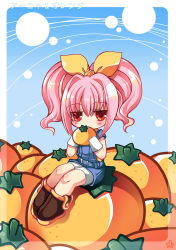 Rule 34 | 00s, 1girl, =3=, anya alstreim, bad id, bad pixiv id, blush, boots, bow, code geass, food, fruit, hair bow, holding, holding food, holding fruit, orange (fruit), overalls, pink hair, red eyes, solo, twintails