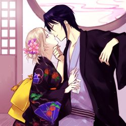 Rule 34 | 10s, 1boy, 1girl, awashima seri, black hair, blonde hair, flower, from side, hair flower, hair ornament, hand on another&#039;s face, imminent kiss, japanese clothes, k-project, kimono, looking at another, munakata reishi, purple eyes, short hair, smile, yasai (getsu)