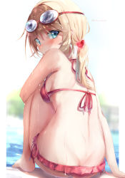 Rule 34 | 1girl, arm support, artist name, barefoot, bikini, blonde hair, blue eyes, blush, breasts, commentary request, day, frilled bikini, frills, from behind, goggles, goggles on head, hair ornament, halterneck, heart, heart hair ornament, highres, knees up, looking at viewer, looking back, medium breasts, natuna natu, original, outdoors, red bikini, revision, side-tie bikini bottom, sitting, solo, string bikini, swimsuit, tearing up, twintails, water, wet
