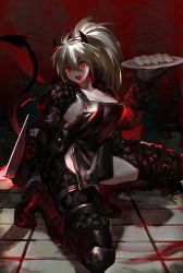 Rule 34 | 1girl, apron, black apron, black footwear, black gloves, blonde hair, boots, breasts, cleavage, demon horns, demon tail, dorohedoro, dumpling, food, gloves, hair between eyes, holding, holding plate, horns, hou (ppo), jiaozi, knee pads, large breasts, long hair, long sleeves, nikaidou (dorohedoro), on one knee, open mouth, plate, ponytail, red eyes, solo, tail