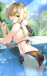 Rule 34 | 1girl, absurdres, bare arms, bare shoulders, bikini, black bikini, blonde hair, blue bikini, blue sky, blush, braid, breasts, cloud, commentary request, day, excella (delltothu), fence, food, from behind, green nails, hair between eyes, hair intakes, hair ornament, highres, holding, holding food, honkai: star rail, honkai (series), long hair, looking at viewer, looking back, mismatched bikini, nail polish, outdoors, popsicle, qingque (honkai: star rail), side-tie bikini bottom, sky, small breasts, solo, swimsuit