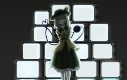 Rule 34 | 1girl, arms behind back, backlighting, black hat, bow, buttons, closed mouth, commentary, diamond button, double-parted bangs, erisauria, feet out of frame, frilled shirt collar, frilled skirt, frills, green eyes, green hair, green skirt, hair between eyes, hat, hat bow, heart, heart of string, highres, komeiji koishi, long skirt, medium hair, shirt, simple background, skirt, smile, solo, standing, television, third eye, touhou, yellow bow, yellow shirt