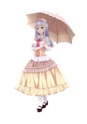 Rule 34 | 1girl, absurdres, black footwear, blouse, bow, center frills, chahei, corset, dress, frilled dress, frilled sleeves, frills, full body, green eyes, hairband, highres, holding, holding umbrella, kantai collection, long dress, long hair, open mouth, pantyhose, red ribbon, ribbon, shirt, shoes, shoukaku (kancolle), silver hair, simple background, smile, standing, umbrella, white pantyhose, white shirt