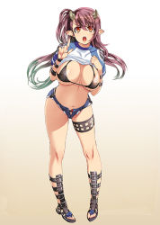 Rule 34 | 1girl, :o, bikini, bikini top only, breasts, cleavage, clothes lift, demon girl, denim, denim shorts, gladiator sandals, gradient background, hair ornament, horns, index finger raised, large breasts, leviathan (the seven deadly sins), leviathan (the seven deadly sins), long hair, looking at viewer, navel, nishii (damnedrive), no legwear, official art, open mouth, pigeon-toed, pointy ears, purple hair, red eyes, sandals, shirt lift, short shorts, shorts, side ponytail, simple background, sin nanatsu no taizai, solo, swimsuit, teeth, the seven deadly sins