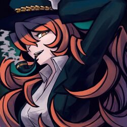 1girl arm_up collared_shirt green_hat green_jacket hat inoriyuki ishmael_(project_moon) jacket limbus_company long_hair long_sleeves looking_at_viewer open_mouth orange_hair pequod_(identity)_(project_moon) project_moon shirt sidelocks smile smoking_pipe solo very_long_hair white_shirt