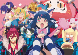 Rule 34 | 10s, 4girls, 6+boys, ;), animal ears, arisugawa maple, bell, bishounen, black hair, black necktie, blonde hair, bow, cat ears, cat tail, cellphone, choker, crow (show by rock!!), curly hair, cyan (show by rock!!), darudayu (show by rock!!), daruma doll, diffraction spikes, dog tail, drill hair, dyed bangs, fangs, fur trim, furry, glasses, green eyes, grin, guitar, hair ornament, hair ribbon, hairband, hand fan, headphones, headphones around neck, heart, heart-shaped pupils, heart hair ornament, index finger raised, instrument, japanese clothes, kai (show by rock!!), kimono, leopard, lolita fashion, lolita hairband, long hair, multicolored hair, multiple boys, multiple girls, necktie, off shoulder, one eye closed, opaque glasses, open mouth, paw pose, petticoat, phone, pink background, pink hair, purple hair, red eyes, red necktie, retoree (show by rock!!), ribbon, riku (show by rock!!), rom (show by rock!!), rosia (show by rock!!), short hair, show by rock!!, shu zo (show by rock!!), simple background, sitting, smartphone, smile, star-shaped pupils, star (symbol), strawberry heart (show by rock!!), streaked hair, striped clothes, striped legwear, striped thighhighs, symbol-shaped pupils, tail, thighhighs, twintails, v, very long hair, yellow eyes, yuuki (irodo rhythm)