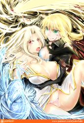 Rule 34 | 2girls, areola slip, artoria pendragon (all), artoria pendragon (fate), aura, blonde hair, blood, blood on clothes, blood stain, bra, breasts, cleavage, fate/zero, fate (series), irisviel von einzbern, large breasts, long hair, looking at viewer, multiple girls, necktie, panties, saber (fate), torn clothes, underwear, yuriwhale
