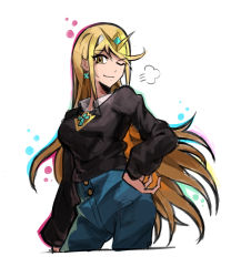 Rule 34 | 1girl, absurdres, black sweater, blonde hair, blue pants, casual, closed mouth, earrings, hand on own hip, highres, jewelry, long hair, long sleeves, looking at viewer, mythra (xenoblade), nintendo, one eye closed, pants, polo shirt, saiykik, shirt, simple background, smile, solo, sweater, tiara, very long hair, white background, white shirt, xenoblade chronicles (series), xenoblade chronicles 2, yellow eyes