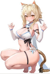 Rule 34 | 1girl, :o, animal ear fluff, animal ears, bare shoulders, bell, black bow, black straps, blonde hair, blunt bangs, blush, bow, breasts, brown eyes, cat ears, cat tail, cleavage, crop top, detached sleeves, eyes visible through hair, fingernails, flower, full body, genshin impact, hair between eyes, hair flower, hair ornament, hands up, highres, jingle bell, large breasts, looking at viewer, lumine (genshin impact), midriff, navel, no pants, open mouth, short hair with long locks, solo, squatting, tail, thigh strap, thighs, white flower, yonchan