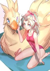 Rule 34 | 1girl, alternate costume, aqua eyes, breasts, chocobo, closed mouth, commentary request, eyeliner, final fantasy, final fantasy vi, fur, green hair, long hair, makeup, swimsuit, tina branford, ukimukai