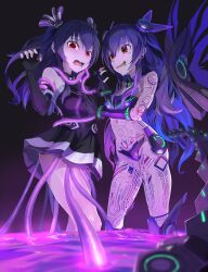 Rule 34 | 2girls, absurdres, adapted costume, bare shoulders, black gloves, black hair, black sister, black sister (chaos form), blush, commission, corruption, dress, ear piercing, elbow gloves, gloves, hair between eyes, hair ribbon, highres, long hair, looking at viewer, mouth piercing, multiple girls, nepnep connect: chaos chanpuru, neptune (series), nose piercing, nose ring, omeletricetaro3, piercing, pixiv commission, pubic tattoo, red eyes, ribbon, solo, tail, tattoo, tentacles, two side up, uni (neptunia), very long hair, wings