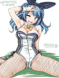 Rule 34 | 10s, 1girl, 2017, alternate costume, animal ears, blue eyes, blue hair, bow, bowtie, breasts, rabbit tail, cleavage, dated, detached collar, double bun, fake animal ears, fishnet pantyhose, fishnets, kantai collection, large breasts, leotard, one eye closed, pantyhose, playboy bunny, playboy bunny, sitting, solo, spread legs, tail, tatsumi ray, twitter username, urakaze (kancolle), wariza, wrist cuffs