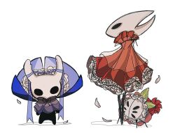 Rule 34 | 1girl, 1other, alternate costume, arthropod girl, black eyes, black skin, blank eyes, blue ribbon, bug, capelet, cloak, colored skin, flower, from side, full body, gitgazi, grey capelet, high collar, hollow knight, horn ornament, hornet (hollow knight), horns, knight (hollow knight), leaf, little weaver (hollow knight), petals, profile, red cloak, ribbon, rose, see-through, simple background, spider, standing, white background, white flower, white horns, white rose