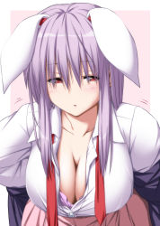 Rule 34 | 1girl, animal ears, blazer, blush, bra, breasts, cleavage, collarbone, dress shirt, extra ears, frown, highres, jacket, large breasts, long hair, looking away, necktie, no nose, nori tamago, purple hair, rabbit ears, rabbit girl, red eyes, red necktie, reisen udongein inaba, revision, shirt, solo, straight hair, touhou, unbuttoned, underwear, undressing, white shirt