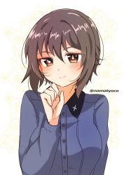 Rule 34 | 1girl, brown eyes, brown hair, closed mouth, commentary, dress shirt, floral background, girls und panzer, grey shirt, hand on own chin, highres, insignia, kuromorimine school uniform, light blush, long sleeves, looking at viewer, namatyoco, nishizumi maho, school uniform, shirt, short hair, smile, solo, twitter username, upper body, wing collar, yellow background
