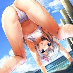 Rule 34 | 10s, 1girl, ass, bikini, blue eyes, blue sky, cloud, day, dutch angle, artistic error, flat chest, from below, hair ribbon, hands reach floor, highres, ipuu (el-ane koubou), kantai collection, long hair, looking back, looking through own legs, mountain, navel, ocean, open mouth, outdoors, ribbon, ro-500 (kancolle), sky, solo, swimsuit, wading, wet, white bikini
