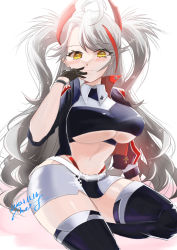 Rule 34 | 1girl, amesunsun00, azur lane, belt, breasts, clothing cutout, cropped shirt, dated, gamuko07, gloves, grey hair, half gloves, headgear, highres, jacket, large breasts, looking at viewer, multicolored hair, official alternate costume, open clothes, open jacket, panties, panty straps, prinz eugen (azur lane), prinz eugen (final lap) (azur lane), purple jacket, purple thighhighs, race queen, red hair, red panties, signature, solo, streaked hair, thighhighs, two-tone hair, two-tone skirt, underboob, underboob cutout, underwear, white belt, yellow eyes