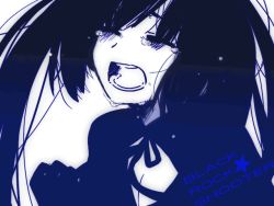 Rule 34 | 10s, 1girl, bad id, bad pixiv id, bikini, bikini top only, black hair, black rock shooter, black rock shooter (character), blue theme, breasts, cleavage, clenched hand, cloak, closed eyes, coat, crying, gloves, hood, hooded jacket, jacket, long hair, monochrome, open mouth, pale skin, peel, solo, star (symbol), swimsuit, tears, twintails, uneven twintails, very long hair