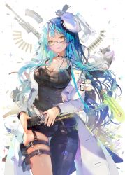 Rule 34 | 1girl, asymmetrical clothes, belt, black-framed eyewear, blue hair, braid, breasts, bullet, cat, choker, cleavage, crab d, delphine (qurare), flower, glasses, gun, hair ornament, handgun, hat, head tilt, highres, holster, jacket, jewelry, large breasts, long hair, looking at viewer, magazine (weapon), multicolored hair, necklace, parted lips, petals, pistol, potion, qurare magic library, revision, rifle, semi-rimless eyewear, side braid, sidelocks, single braid, sniper rifle, solo, symbol-shaped pupils, tank top, thigh holster, thigh strap, under-rim eyewear, very long hair, weapon, yellow eyes