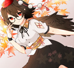 Rule 34 | 1girl, arm up, autumn leaves, bird wings, black ribbon, black skirt, black wristband, blush, breasts, brown hair, buttons, closed mouth, commentary request, eyelashes, feathered wings, feet out of frame, grey background, hat, leaf, leaf background, looking at viewer, medium breasts, neck ribbon, necono (nyu6poko), obi, pointy ears, pom pom (clothes), red eyes, red hat, ribbon, rimless eyewear, sash, shameimaru aya, short hair, short sleeves, simple background, skirt, smile, solo, tokin hat, touhou, wing collar, wings