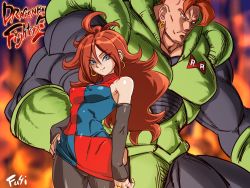 Rule 34 | 1boy, 1girl, android, android 16, android 21, arm warmers, bare shoulders, black pantyhose, bodysuit, breasts, covered erect nipples, curvy, dragon ball, dragon ball fighterz, dragonball z, dress, earrings, eyebrows, fire, frown, fushisha o, hand on own hip, hoop earrings, jewelry, long hair, looking at viewer, manly, multicolored clothes, multicolored dress, muscular, nail polish, pantyhose, red hair, sleeveless, sleeveless dress, smile