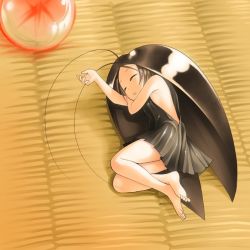 Rule 34 | 1girl, antenna hair, artist request, barefoot, black dress, black hair, bug, cockroach, dress, feet, gokicha, gokicha (character), insect, long hair, lying, mini person, minigirl, non-web source, on side, personification, sleeping, solo