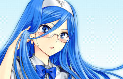 Rule 34 | 10s, 1girl, adjusting hair, aoki hagane no arpeggio, blue eyes, blue hair, blush, bow, bowtie, collared shirt, frown, glasses, hair between eyes, hairband, halftone, halftone background, hand up, lactmangan, long hair, looking at viewer, matching hair/eyes, military, military uniform, mole, mole under mouth, outline, parted bangs, pinky out, portrait, pursed lips, rimless eyewear, shirt, solo, swept bangs, takao (aoki hagane no arpeggio), uniform