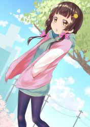 Rule 34 | 10s, 1girl, :o, amayadori machi, black pantyhose, blunt bangs, blush, bow, brown eyes, brown hair, cloud, day, dress, eyebrows, gurande (g-size), hair ornament, hair ribbon, hairclip, hands in pockets, highres, hime cut, jacket, kumamiko, long hair, low twintails, open mouth, outdoors, pantyhose, power lines, purple pantyhose, ribbon, sky, solo, standing, sweater, sweater dress, tree, twintails