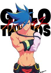 Rule 34 | bad id, bad twitter id, blue eyes, blue hair, character name, crossed arms, galo thymos, gloves, looking at viewer, male focus, pants, pectorals, promare, sengokumame, topless male, smile, spiked hair