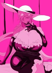 Rule 34 | 1girl, absurdly long hair, breasts, cleavage, doctor masube, dress, elbow gloves, fangs, gloves, hair over one eye, hat, highres, huge breasts, large hat, long dress, long hair, looking at viewer, lucretia (doctor masube), one eye covered, original, pink background, pink theme, removing glove, simple background, sitting, solo, strapless, strapless dress, sun hat, thick eyebrows, vampire, very long hair