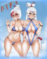 Rule 34 | 2girls, absurdres, bare shoulders, bikini, black bikini, blue background, blue bikini, blunt bangs, blush, bracelet, breasts, brown eyes, cleavage, closed mouth, collarbone, cowboy shot, facepaint, glasses, glitchynpc, gluteal fold, hair ornament, hair stick, highres, hyrule warriors: age of calamity, impa, jewelry, large breasts, legs, long hair, looking at viewer, multicolored hair, multiple girls, navel, nintendo, o-ring, o-ring bikini, parted lips, pointy ears, purah, red-framed eyewear, revision, siblings, silver hair, simple background, sisters, slingshot swimsuit, smile, streaked hair, swept bangs, swimsuit, the legend of zelda, the legend of zelda: breath of the wild, thighs