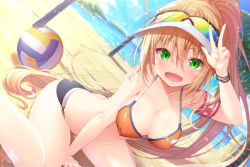 Rule 34 | 1girl, :d, absurdres, arm support, armband, ball, bare legs, beach, bikini, blonde hair, blue sky, breasts, butt crack, cleavage, covered erect nipples, day, dutch angle, eyewear on head, hair between eyes, highres, horizon, long hair, matokechi, non-web source, ocean, open mouth, original, palm tree, sand castle, sand sculpture, sidelocks, sitting, sky, smile, solo, sports sunglasses, sunglasses, swimsuit, tree, very long hair, visor cap, volleyball, volleyball (object), volleyball net, wariza