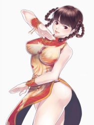 Rule 34 | 1girl, araya hajime, black hair, braid, breasts, china dress, chinese clothes, dead or alive, dress, female focus, large breasts, lei fang, pelvic curtain, simple background, solo, thighs, twin braids, white background