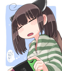Rule 34 | 1girl, blue background, blush, border, brown hair, closed eyes, commentary request, frown, furrowed brow, green pajamas, handheld game console, headgear, highres, holding, holding handheld game console, ino (tellu0120), medium hair, nintendo switch, open mouth, outside border, pajamas, raised eyebrows, simple background, small sweatdrop, solo, striped clothes, striped pajamas, thought bubble, touhoku kiritan, translation request, twintails, upper body, voiceroid, white border